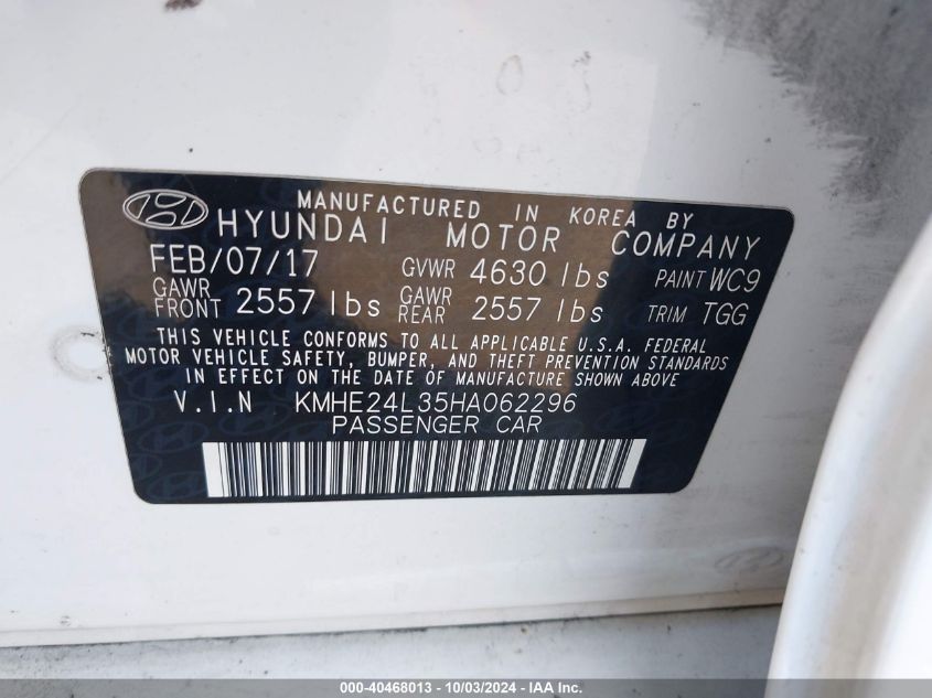 KMHE24L35HA062296 2017 Hyundai Sonata Hybrid Se