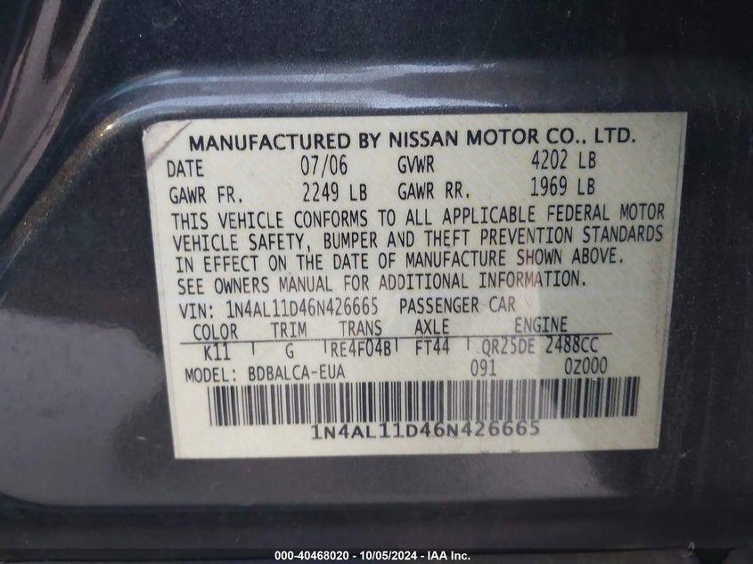 1N4AL11D46N426665 2006 Nissan Altima 2.5 S