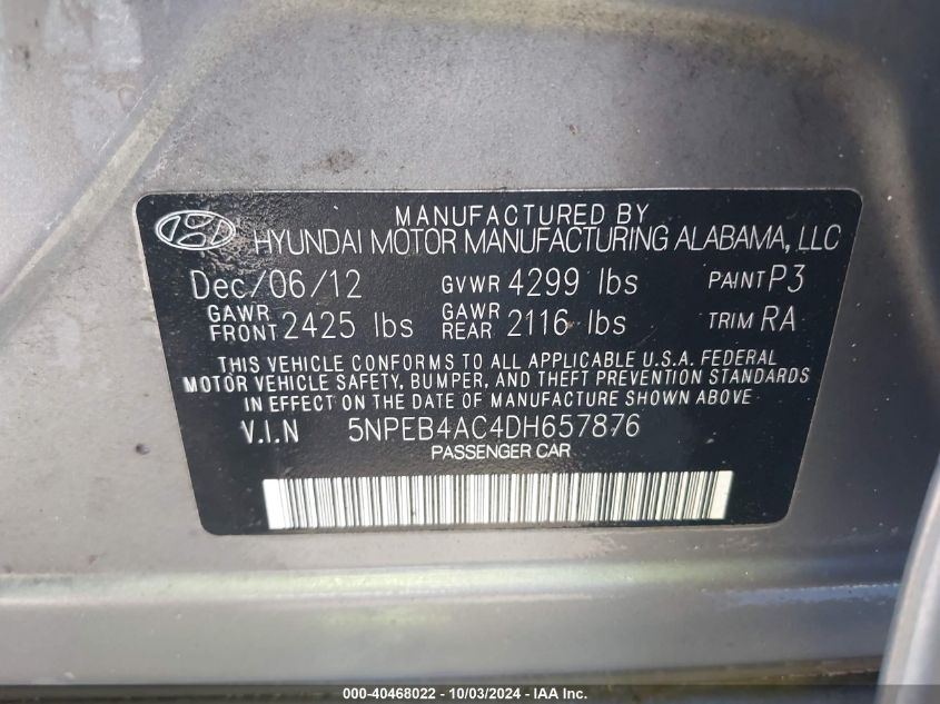 5NPEB4AC4DH657876 2013 Hyundai Sonata Gls