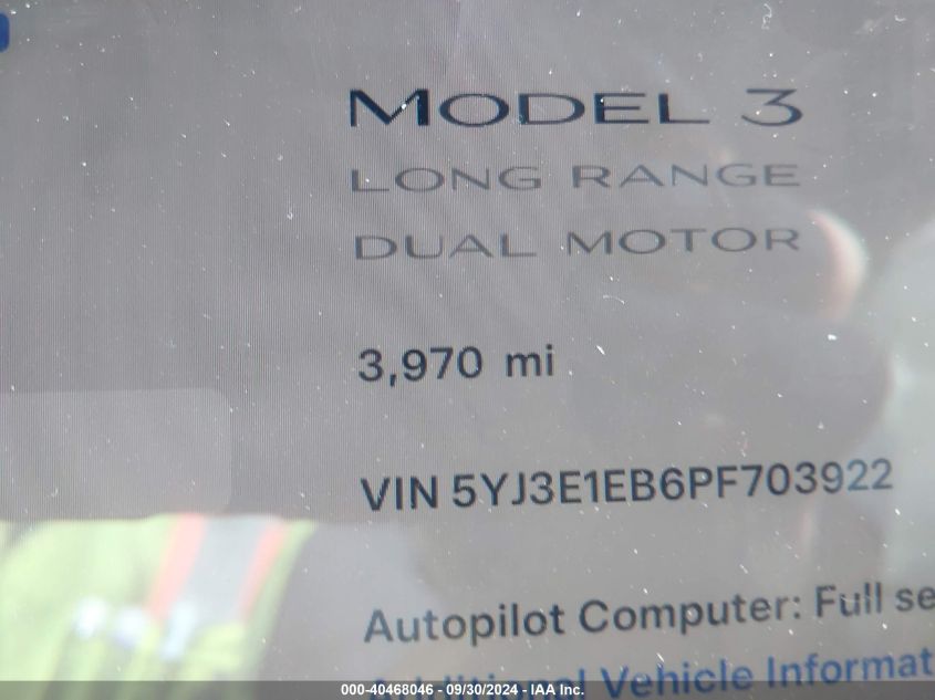 2023 Tesla Model 3 VIN: 5YJ3E1EB6PF703922 Lot: 40468046