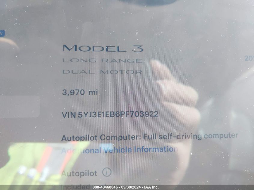 2023 Tesla Model 3 VIN: 5YJ3E1EB6PF703922 Lot: 40468046