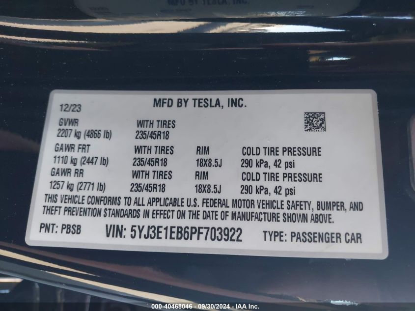 2023 Tesla Model 3 VIN: 5YJ3E1EB6PF703922 Lot: 40468046