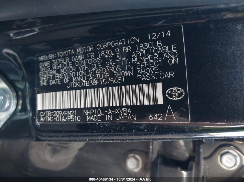 JTDKDTB38F1575651 2015 Toyota Prius C Two