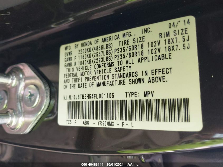 5J8TB3H54FL001105 2015 Acura Rdx