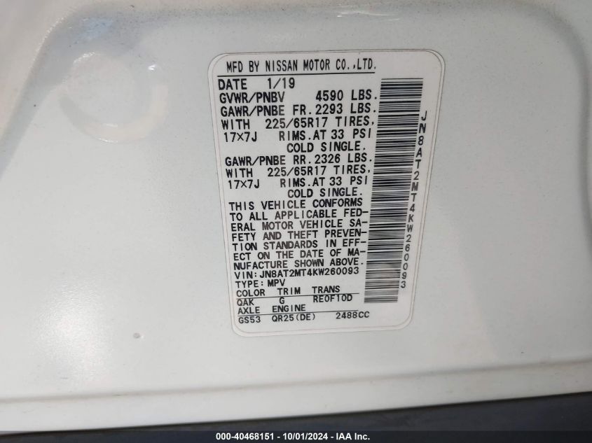 VIN JN8AT2MT4KW260093 2019 NISSAN ROGUE SV