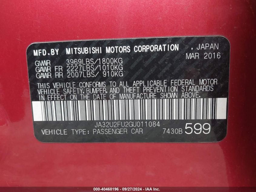 2016 Mitsubishi Lancer Es VIN: JA32U2FU2GU011084 Lot: 40468196