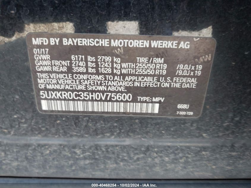 5UXKR0C35H0V75600 2017 BMW X5 xDrive35I