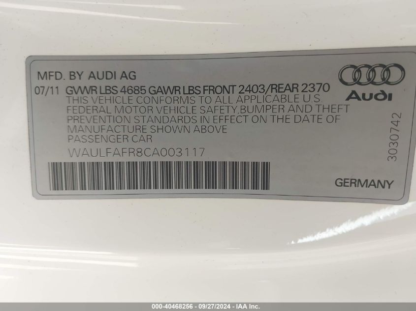 WAULFAFR8CA003117 2012 Audi A5 2.0T Premium