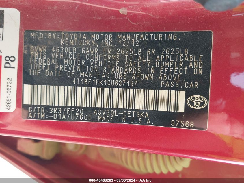 4T1BF1FK1CU637137 2012 Toyota Camry Se Limited Edition