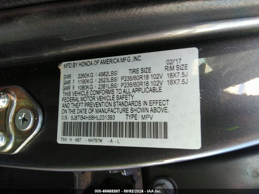 5J8TB4H58HL031393 2017 Acura Rdx