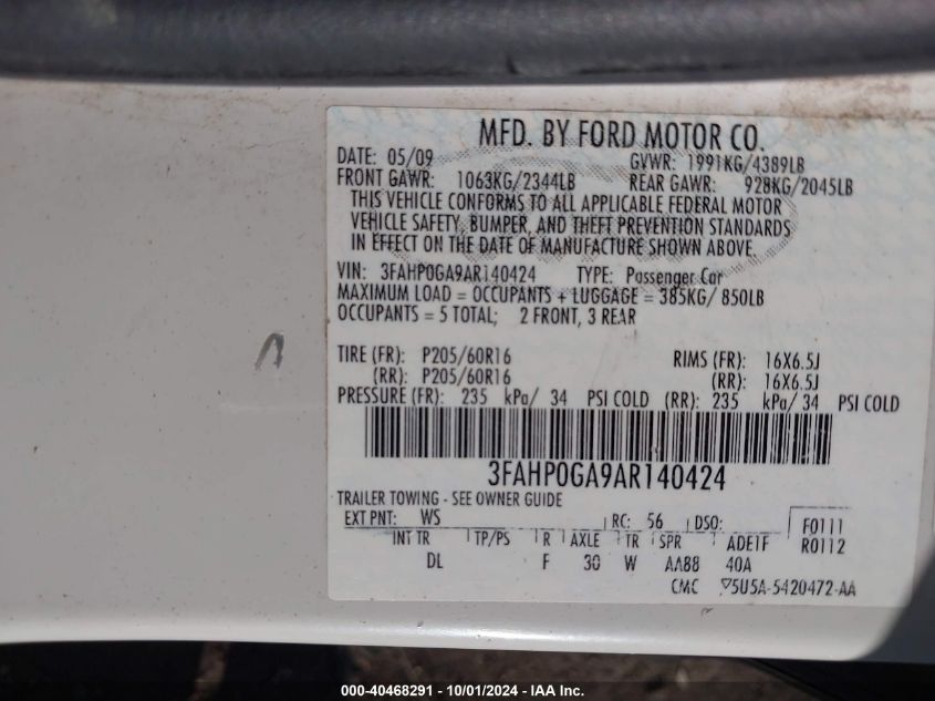 2010 Ford Fusion S VIN: 3FAHP0GA9AR140424 Lot: 40468291