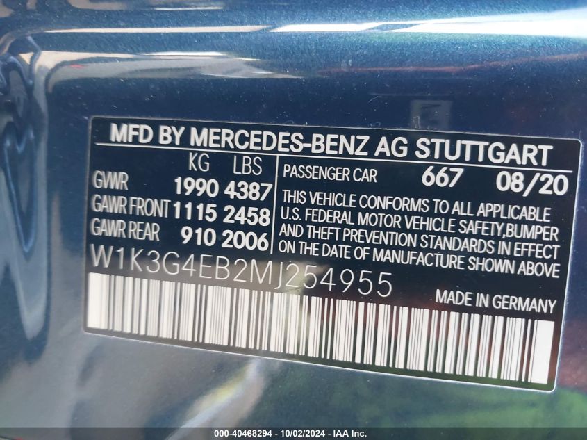 W1K3G4EB2MJ254955 2021 Mercedes-Benz A 220