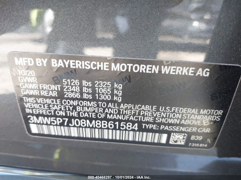 2021 BMW 3 Series 330E VIN: 3MW5P7J08M8B61584 Lot: 40468297