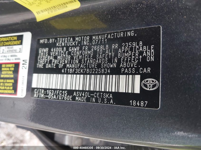 4T1BF3EK7BU225834 2011 Toyota Camry Se/Le/Xle