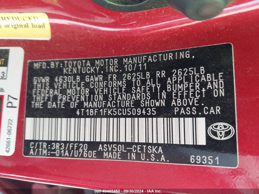 4T1BF1FK5CU509435 2012 Toyota Camry Se