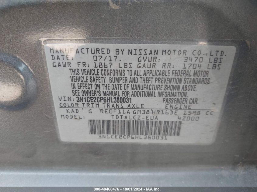 3N1CE2CP6HL380031 2017 Nissan Versa Note S Plus