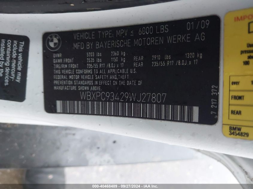 2009 BMW X3 xDrive30I VIN: WBXPC93429WJ27807 Lot: 40468489