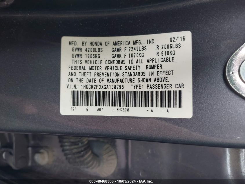 1HGCR2F3XGA138795 2016 Honda Accord Lx