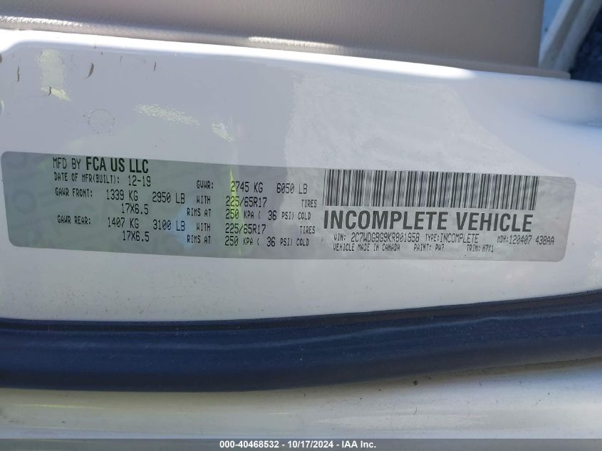 2019 Dodge Grand Caravan Se VIN: 2C7WDGBG9KR801958 Lot: 40468532