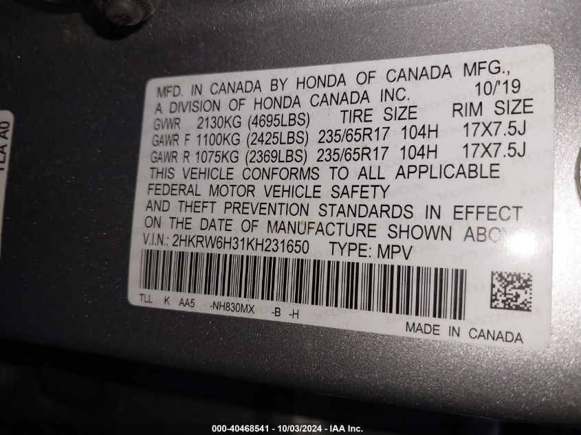 2HKRW6H31KH231650 2019 Honda Cr-V Lx