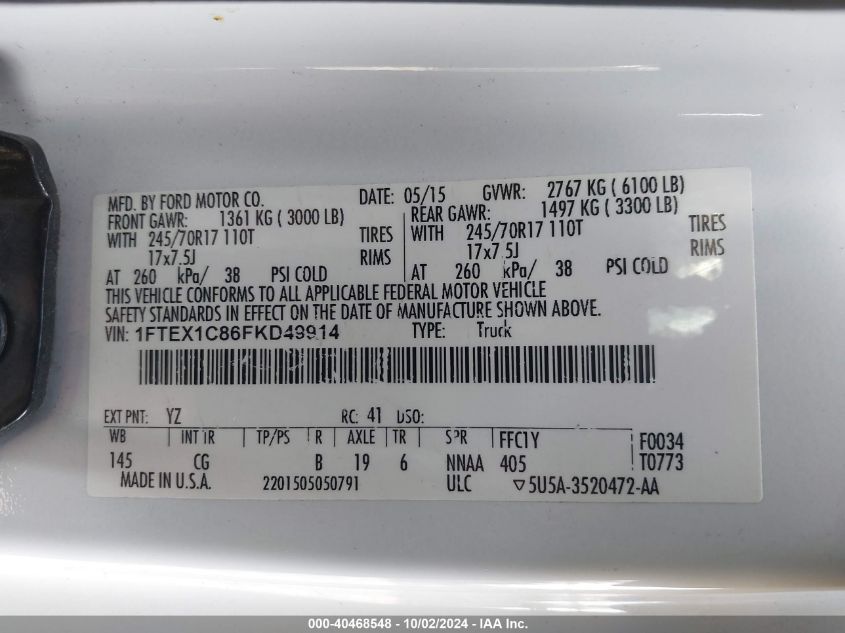 2015 Ford F-150 Xl VIN: 1FTEX1C86FKD49914 Lot: 40468548