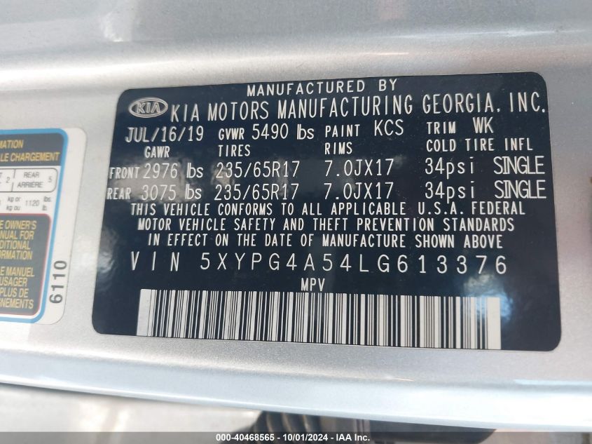 2020 Kia Sorento S VIN: 5XYPG4A54LG613376 Lot: 40468565