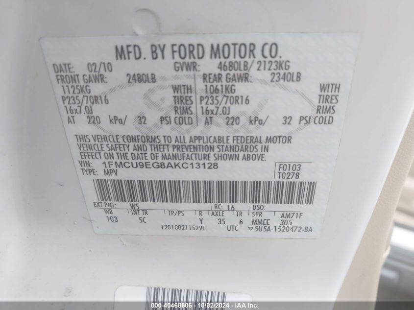 1FMCU9EG8AKC13128 2010 Ford Escape Limited