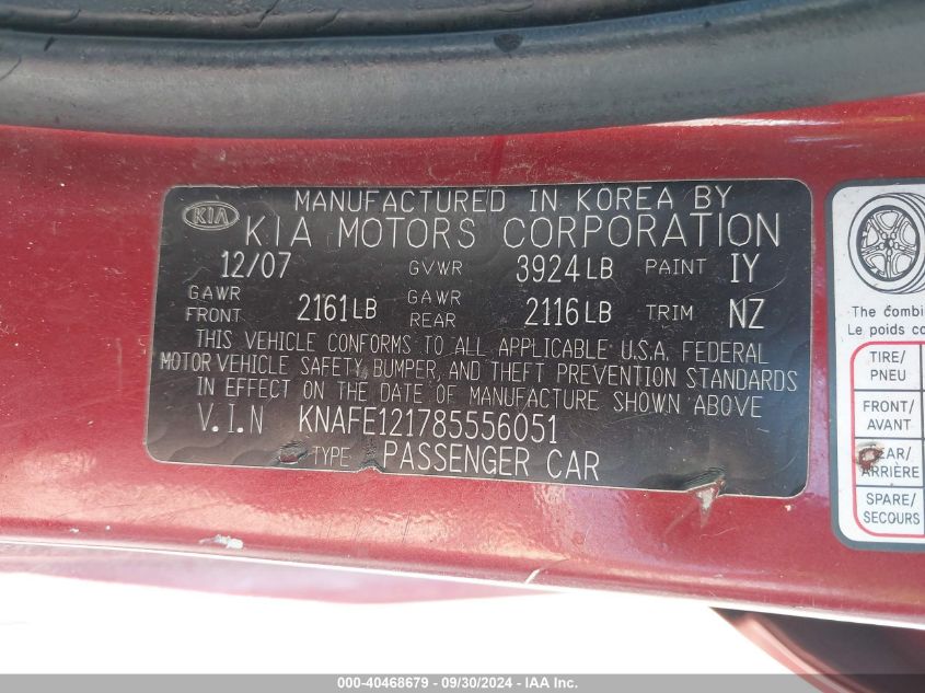 KNAFE121785556051 2008 Kia Spectra Ex