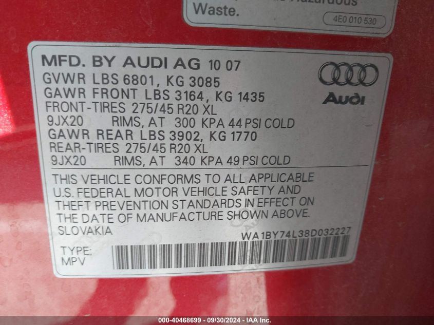 WA1BY74L38D032227 2008 Audi Q7 3.6 Premium