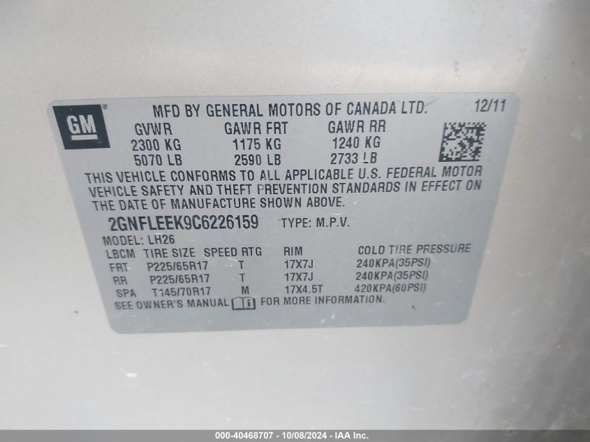 2GNFLEEK9C6226159 2012 Chevrolet Equinox Lt