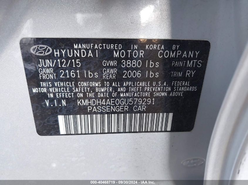 2016 Hyundai Elantra Se/Sport/Limited VIN: KMHDH4AE0GU579291 Lot: 40468719