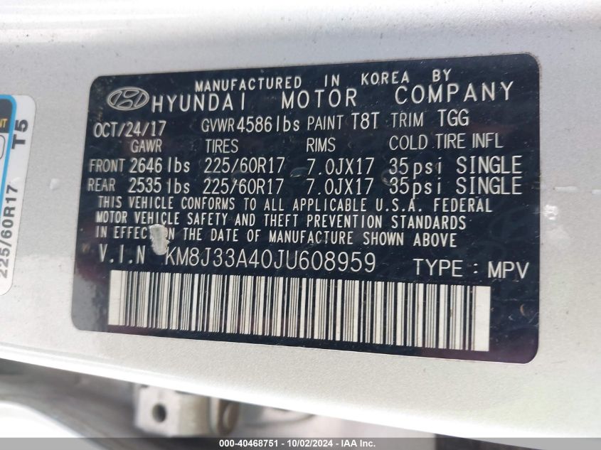 KM8J33A40JU608959 2018 Hyundai Tucson Sel