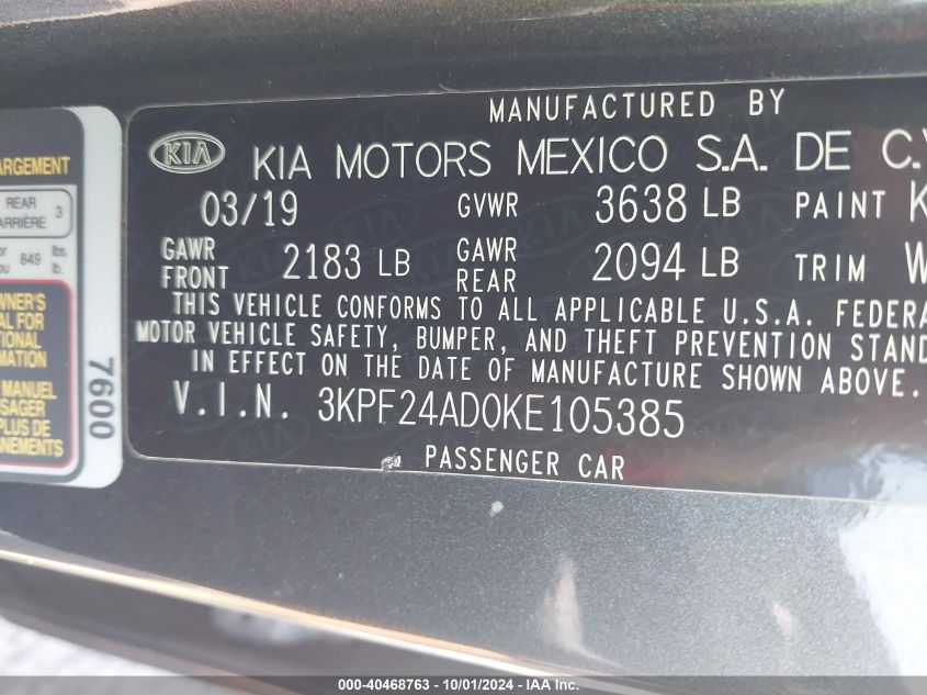 2019 Kia Forte Fe/Lx/Lxs VIN: 3KPF24AD0KE105385 Lot: 40468763