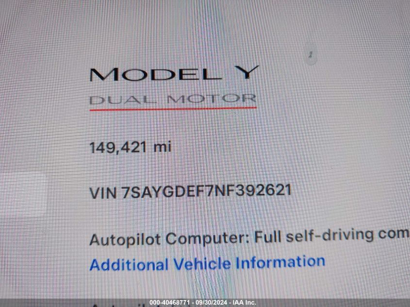 2022 Tesla Model Y VIN: 7SAYGDEF7NF392621 Lot: 40468771