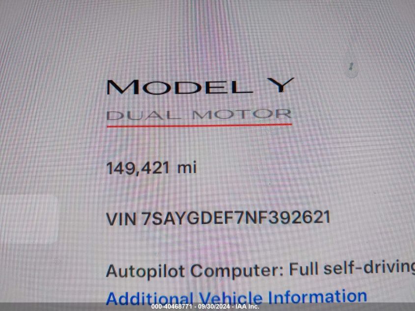 2022 Tesla Model Y VIN: 7SAYGDEF7NF392621 Lot: 40468771