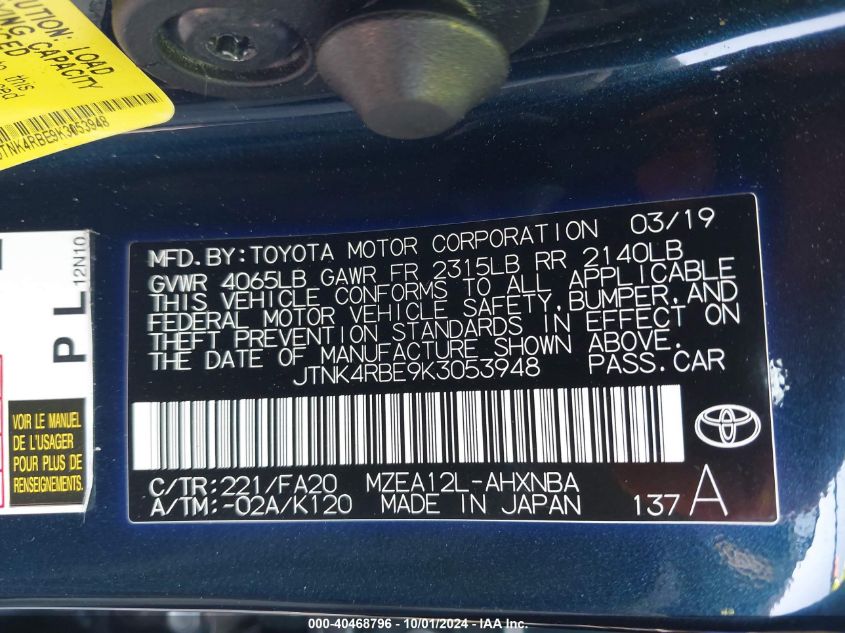 2019 Toyota Corolla Se VIN: JTNK4RBE9K3053948 Lot: 40468796