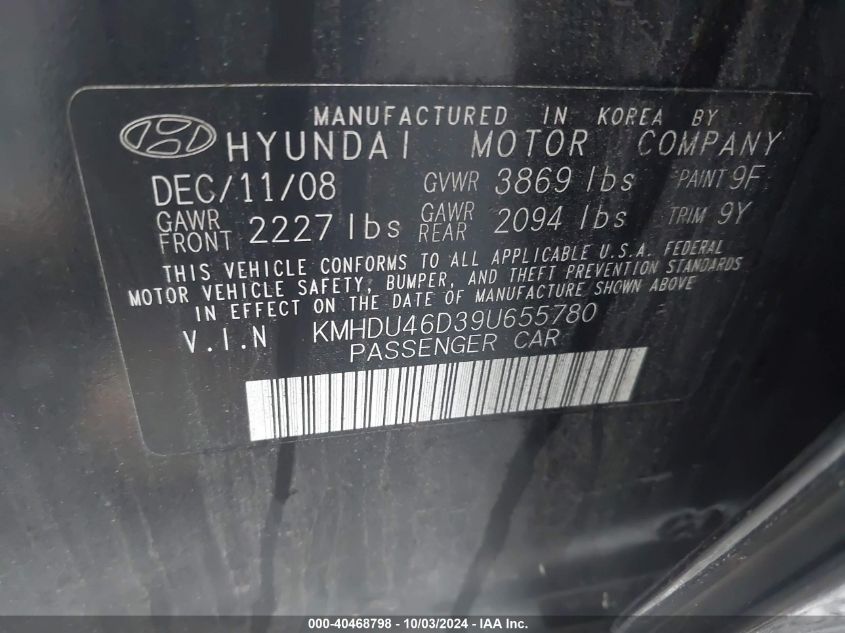 2009 Hyundai Elantra Se VIN: KMHDU46D39U655780 Lot: 40468798