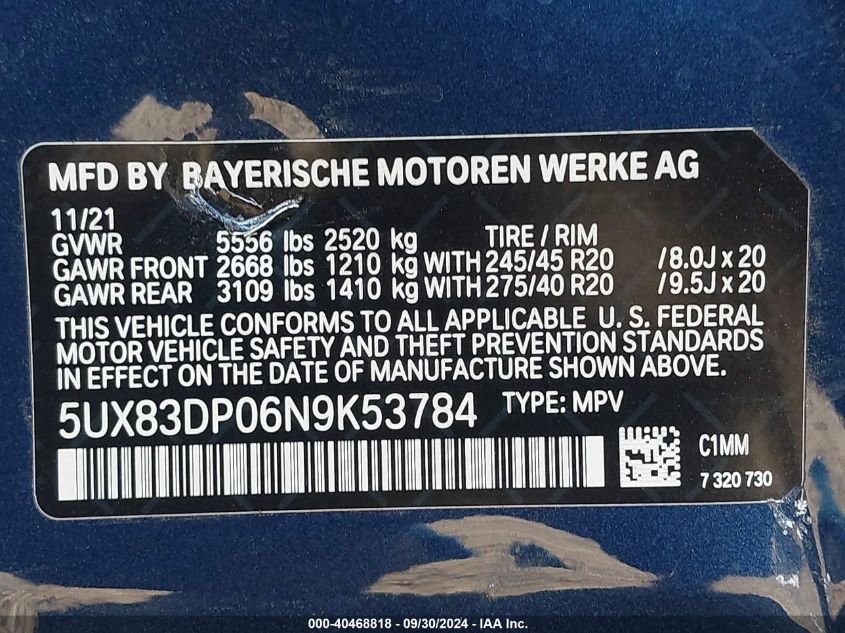 5UX83DP06N9K53784 2022 BMW X3 M40I