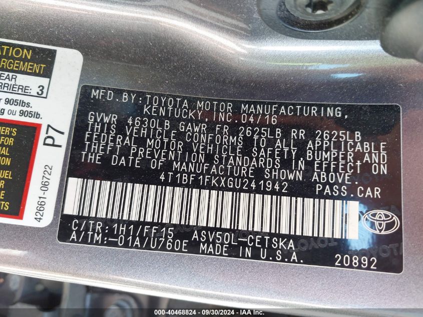 4T1BF1FKXGU241942 2016 Toyota Camry Le/Xle/Se/Xse