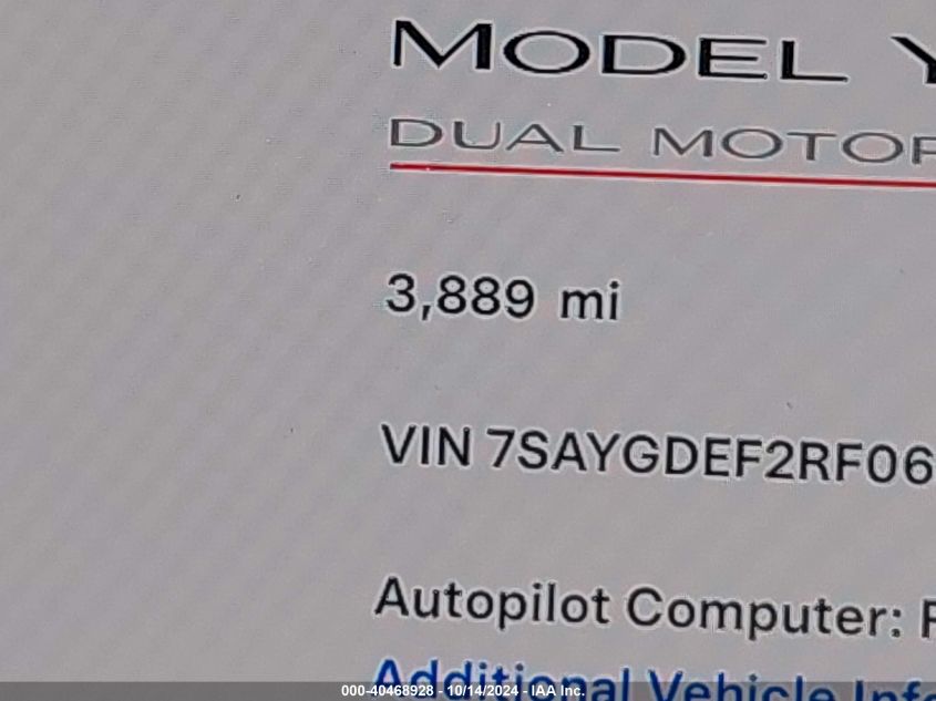 2024 Tesla Model Y Performance Dual Motor All-Wheel Drive VIN: 7SAYGDEF2RF063914 Lot: 40468928