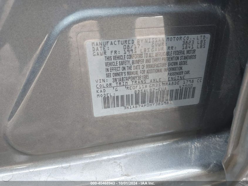 3N1AB7AP0HY381985 2017 Nissan Sentra S/Sv/Sr/Sl