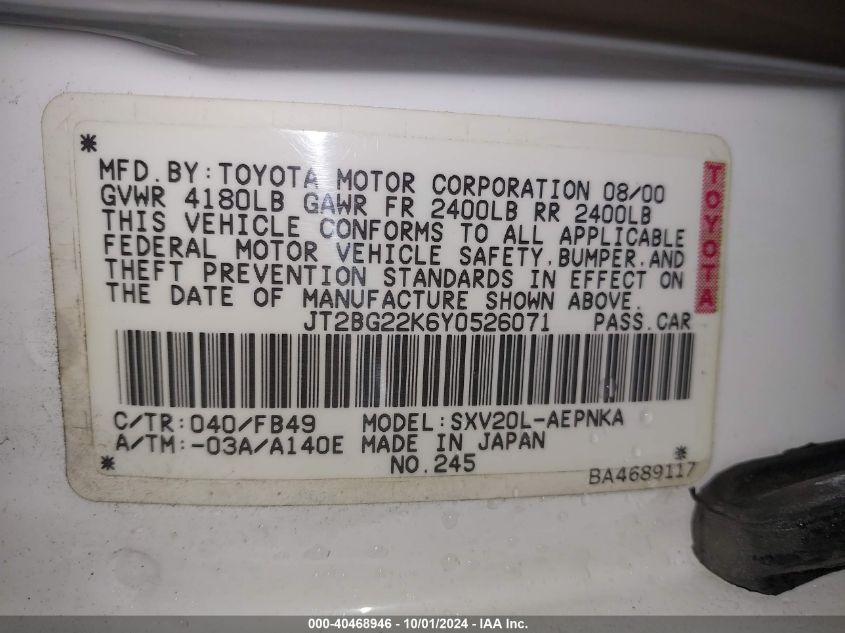 JT2BG22K6Y0526071 2000 Toyota Camry Le