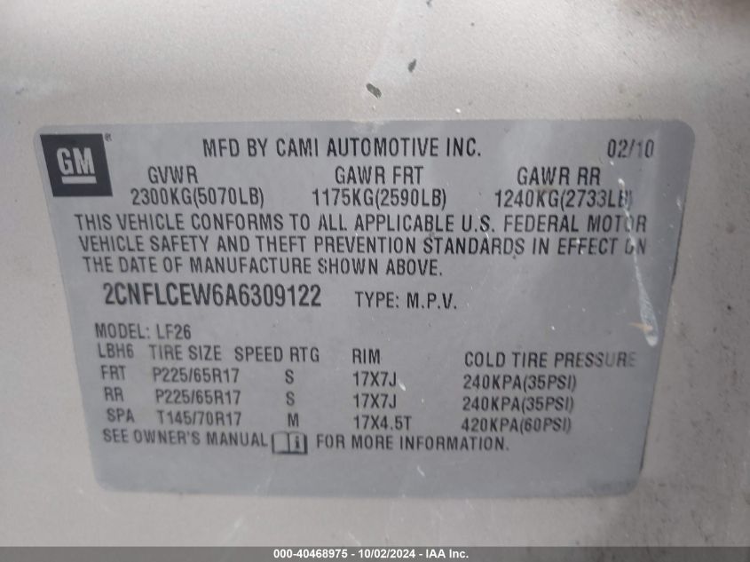 2CNFLCEW6A6309122 2010 Chevrolet Equinox Ls