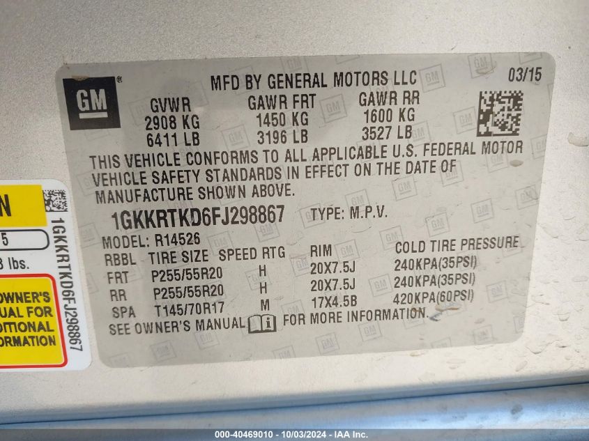 1GKKRTKD6FJ298867 2015 GMC Acadia Denali