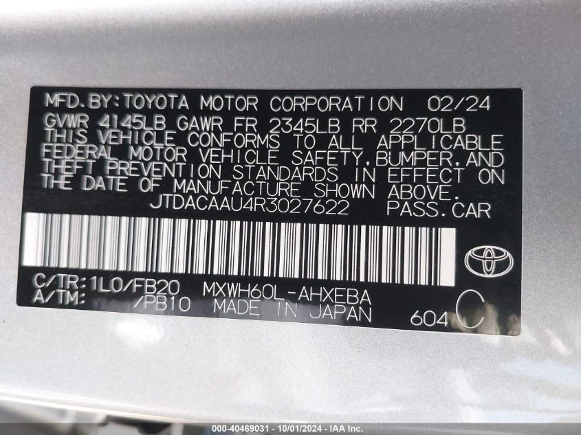 2024 Toyota Prius Le/Xle/Limited VIN: JTDACAAU4R3027622 Lot: 40469031