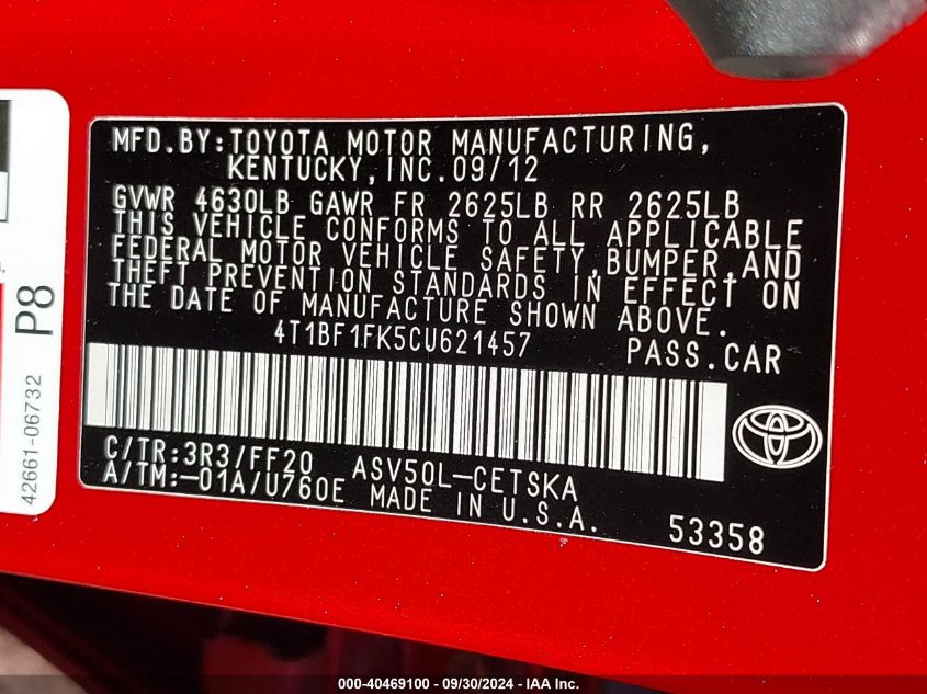 4T1BF1FK5CU621457 2012 Toyota Camry Se Limited Edition