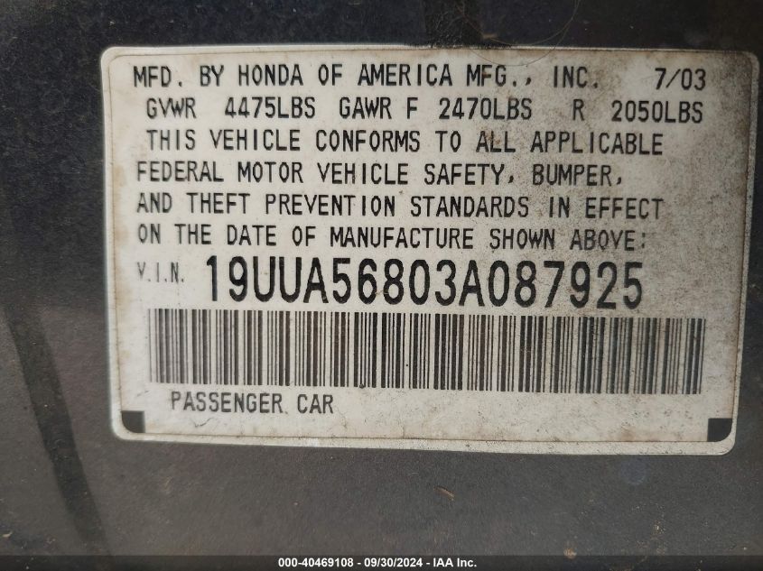 19UUA56803A087925 2003 Acura Tl 3.2 Type S