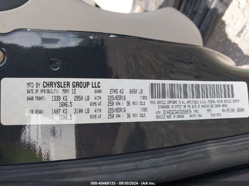 2012 Dodge Grand Caravan Sxt VIN: 2C4RDGCG4CR358970 Lot: 40469133