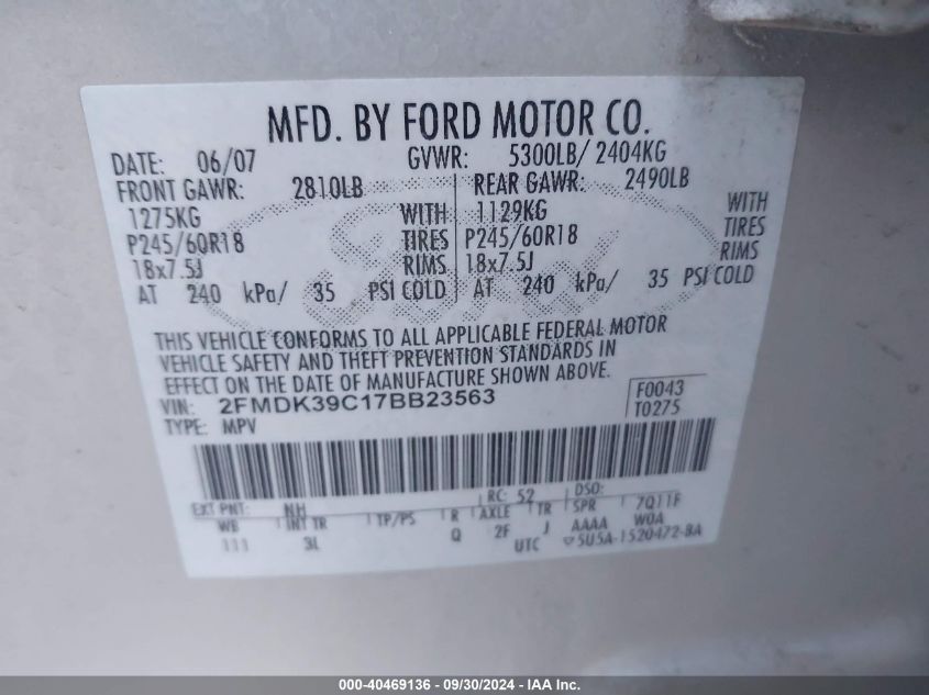 2007 Ford Edge Sel Plus VIN: 2FMDK39C17BB23563 Lot: 40469136