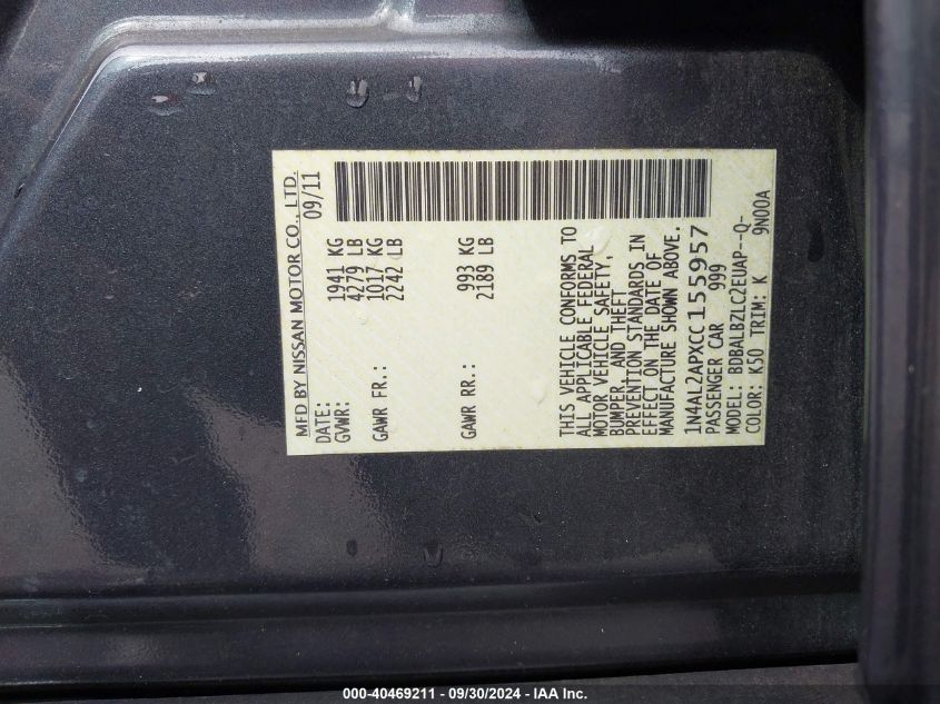 2012 Nissan Altima 2.5 S VIN: 1N4AL2APXCC155957 Lot: 40469211